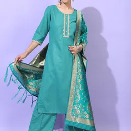 Vishudh Women Green Ethnic Motifs Printed Layered Kurti with Trousers & Dupatta-image-41