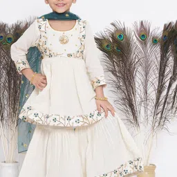 Little Bansi Girls Cream-Coloured Ethnic Motifs Embroidered Pleated Pure Cotton Kurta with Sharara & With-picture-29