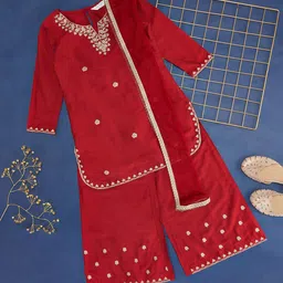AKKRITI BY PANTALOONS Girls Ethnic Motif Embroidered Straight Kurta & Palazzo With Dupatta-picture-13