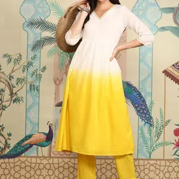Ishin Yellow Ombre Dyed Angrakha Pure Cotton Anarkali Kurta With Trousers-picture-26