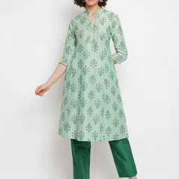 IMARA Floral Printed Mandarin Collar Sequined A-Line Kurta with Trousers-image-3