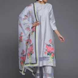 Libas Grey Floral Embroidered Patchwork Straight Kurta With Trousers & Dupatta-picture-33