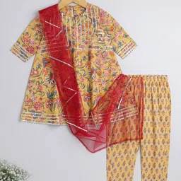 The Magic Wand Girls Floral Print Gotta Patti Cotton A-Line Kurti & Trousers With Dupatta-image-27