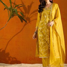 Anouk Mustard Yellow Embroidered Regular Sequinned Straight Kurta With Trousers & Dupatta-picture-16