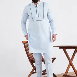 MR BUTTON Men Blue Pure Cotton Kurta with Trousers-picture-1