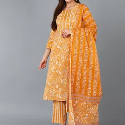 AHIKA Yellow Floral Printed Sequinned Pure Cotton Kurta with Trousers & Dupatta-picture-58