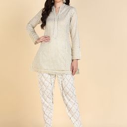 HERE&NOW Ethnic Motifs Printed Mandarin Collar Regular Pure Cotton Kurta with Dhoti Pants-image-17