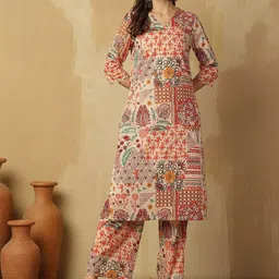 Anouk Beige Floral printed V-Neck Pure Cotton Kurta With Palazzos-28