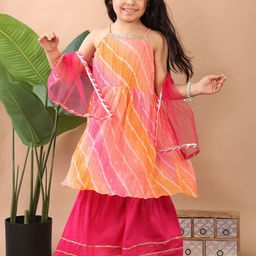Here&Now X Kinder Kids Girls Leheriya Printed Kurti with Sharara And Dupatta-picture-45