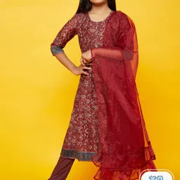 Aks Kids Girls Floral Printed Regular Anarkali Kurta & Trousers With Dupatta-image-33