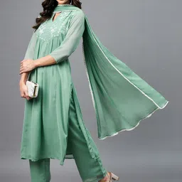 Azira Women Green Embroidered Pleated Kurti with Trousers & With Dupatta-picture-35