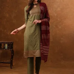 Anouk Olive Green Ethnic Motifs Printed Regular Gotta Patti Kurta With Trousers & Dupatta-45