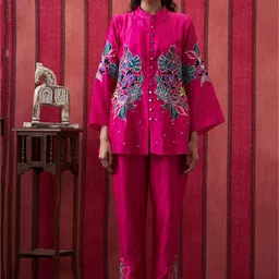 SOUP BY SOUGAT PAUL Mandarin Collar Printed Angrakha Sequinned Chanderi Co-Ord Set-image-49