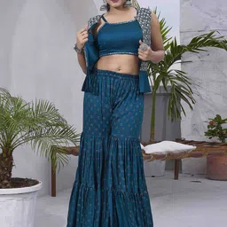 Chandbaali Sleeveless Ethnic Crop Top & Sharara With Sequin Jacket-image-46