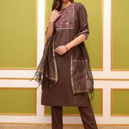 Vishudh Brown Ethnic Motifs Embroidered Kurta & Trousers With Dupatta-picture-29