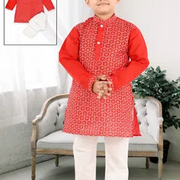 BAESD Boys Floral Embroidered Art Silk Thread Work Straight Kurta with Trousers-14