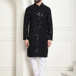 SOJANYA Geometric Embroidered Mandarin Collar Sequinned Pure Cotton Kurta with Churidar-image-53