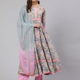 GLAM ROOTS Floral Printed Angrakha Pure Cotton Kurta with Trousers & With Dupatta-image-26
