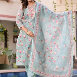 Label Khoj Floral Embroidered Thread Work Straight Kurta With Trousers & Dupatta-picture-4