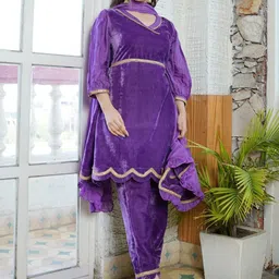 HOUSE OF JAMOTI Puffed Sleeves Gotta Patti Velvet A-Line Kurta With Trouser & Dupatta-picture-3