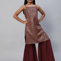 Aks Kids Girls Floral Printed Shoulder Straps Georgette Kurta With Sharara-image-32
