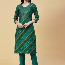 FASHOR Green & Brown Leheriya Printed Notched Neck Mirror Work Kurta With Trousers-picture-3