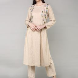 aturabi Women Beige Panelled Pure Cotton Kurti with Trousers-image-1