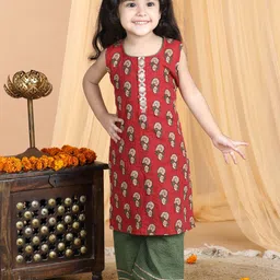 Sangria Girls Red & Green Ethnic Motif Printed Gota Patti Pure Cotton Kurta With Palazzos-picture-29