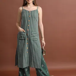 Vishudh Olive Green Striped Shoulder Straps Straight Kurta with Palazzos-picture-28
