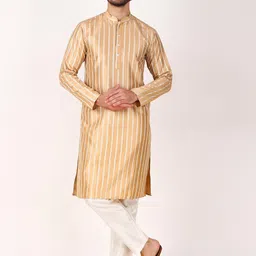 Koshin Striped Mandarin Collar Regular Thread Work Straight Kurta With Pyjamas-picture-15