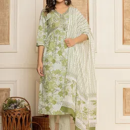 Yufta Green Printed Mirror Work Pure Cotton Empire A-Line Kurta With Trousers & Dupatta-image-8