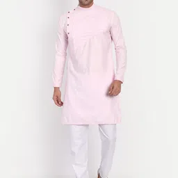 TAHVO Men Pink Pleated Detail Angrakha Kurta with Pyjama-picture-0
