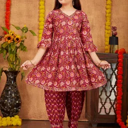 BAESD Girls Ethnic Motifs Printed Gotta Patti Pure Cotton A-Line Kurta With Patiala-image-70