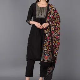 AHIKA Black Ethnic Motifs Yoke Design Thread Work Kurta with Trousers & Dupatta-image-49