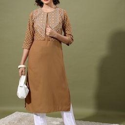 Vishudh Brown Round Neck Sleeveless Regular Pure Cotton Kurta With Trousers & Jacket-image-47