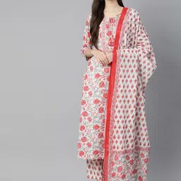Divena Women White Floral Embroidered Layered Pure Cotton Kurti with Trousers & With Dupatta-image-37