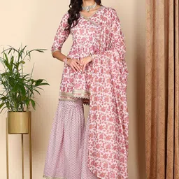 HERE&NOW Peach Floral Printed Regular Gotta Patti Pure Cotton Kurta with Sharara & Dupatta-picture-19