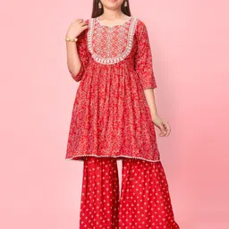 BAESD Girls Floral Printed Round Neck Thread Work Detailed Pure Cotton Kurta with Sharara-image-16