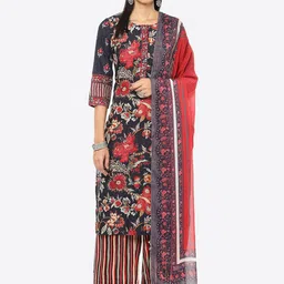 Biba Women Charcoal Floral Printed Kurta with Palazzo &Dupatta-27