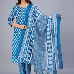KALINI Floral Printed Beads and Stones Pure Cotton Kurta with Trousers & Dupatta-7