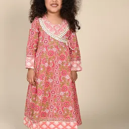 LIL PITAARA Girls Floral Printed Angrakha Mirror work Pure Cotton Kurta With Trousers-image-82
