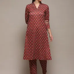 Biba Ethnic Motifs Printed V-Neck Straight Kurta with Trousers-image-66