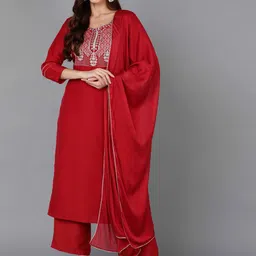 AHIKA Red Embroidered Round Neck Yoke Design Kurta With Palazzos & Dupatta-23