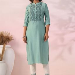 FASHOR Ethnic Motifs Embroidered Mandarin Collar Straight Kurta With Trouser-picture-16