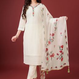 MOJILAA Floral Yoke Design Regular Schiffli Chikankari Kurta With Trousers & Dupatta-image-6