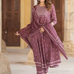 KALINI Ethnic Motifs Printed Pure Cotton Anarkali Kurta With Trousers & Dupatta-image-95