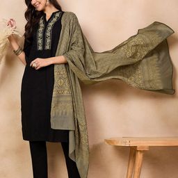 Anouk Black Ethnic Motifs Yoke Design Regular Thread Work Pure Cotton Straight Kurta Set-3