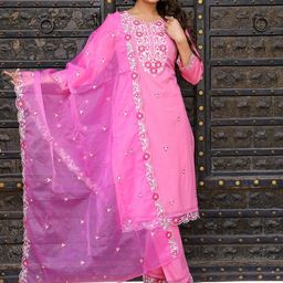 IkDaiya Floral Embroidered Mirror Work Pure Cotton Kurta & Trousers With Dupatta-picture-4