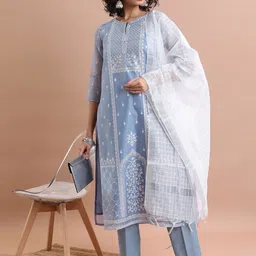 Vishudh Ethnic Motifs Embroidered Keyhole Neck Pure Cotton Kurta & Trousers With Dupatta-image-62