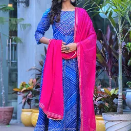 Ramas Bandhani Printed Regular Mirror Work Pure Cotton Kurta With Trousers & Dupatta-16